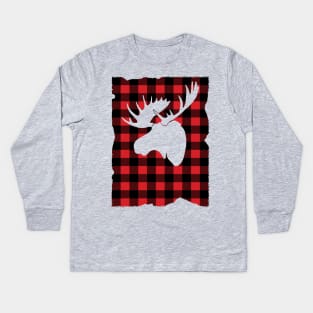 Winter Flannel Plaid Moose Kids Long Sleeve T-Shirt